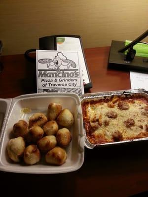 Bread nuggets and meatball penne delivered to my Courtyard hotel room!