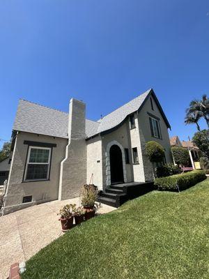 Exterior repaint project on this beautiful home. Dunn Edwards "porous stone" on the stucco and "English forest" on the trim.