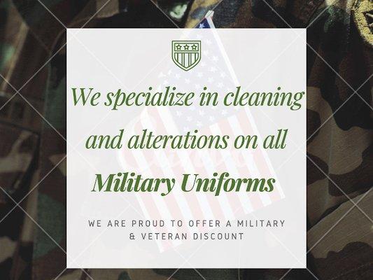 We specialize in cleaning and alterations on all military uniforms. We are proud to offer a military and veterans discount.