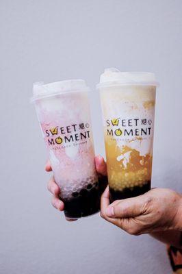 Strawberry Yogurt Smoothie & Peach Yogurt Smoothie (Comes w/ sago, but added boba for extra $)