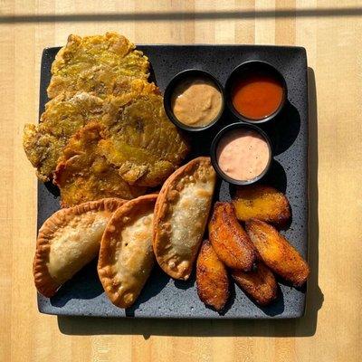 Empanadas, Maduros (Sweet Plantains), and Tostones with MayoKetchup