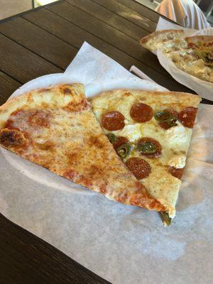 Cheese Pizza and Pepperoni and Jalapeño slice