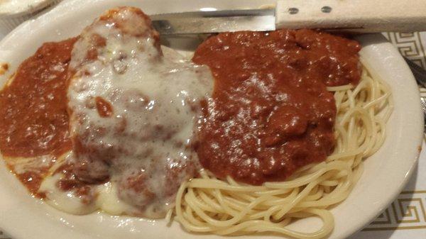 Chicken was tender and tasty (if not cooked in the style of chicken parmesan ) and meat sauce was horrible.