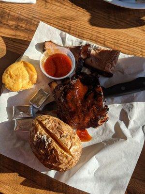 Ribs, brisket, baked and corn bread muffin