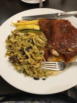 Wiener Schnitzel with Basil Spaetzle, May shrooms and capers.