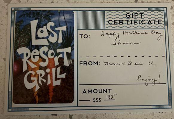 Last resort Grill gift card,Certificate, receipt from dinner.