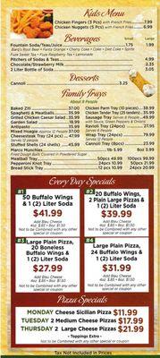 Kids menu, family trays, and specials