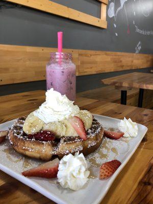 Mixed berry smoothie + Strawberry banana waffle is one of a kind