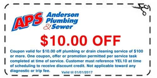 YEL10. Mention this add code to save $10 off your next plumbing or drain cleaning service of $100 or more.  See coupon for details.