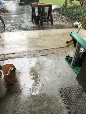 Water flowing into garage from concrete being poured to flow towards garage rather than left towards outside drain.