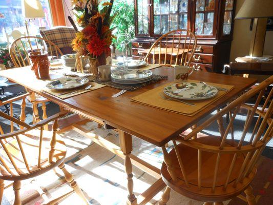 Dining sets made of real wood.  Some are new, some are vintage.  Small, large or drop leaf.  You never know what you will find