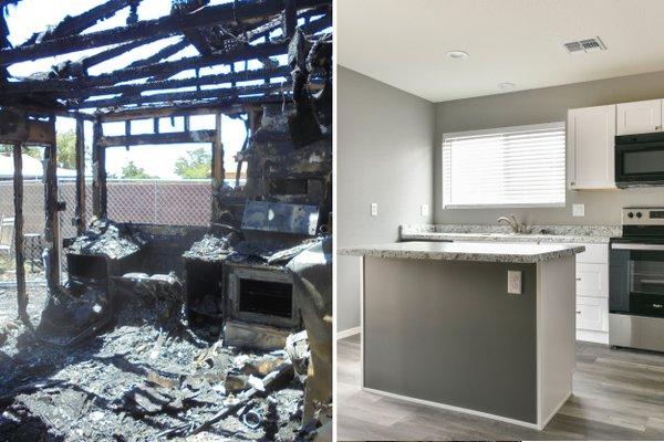 Before and After pictures of a fire damage loss our company took care of.