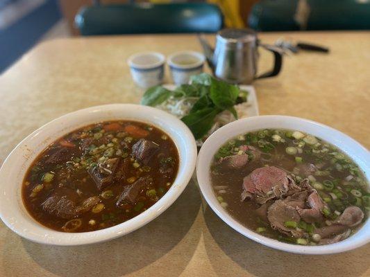 The special on the left, beef stew pho Beef pho on the right