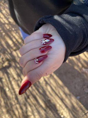 Red nails with rhinestones (dip powder)