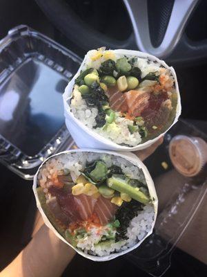 Huge "sushi burrito" with tuna, salmon, albacore, edamame, corn, kale, their sweet soy sauce, radish & roe! Delicious:D.