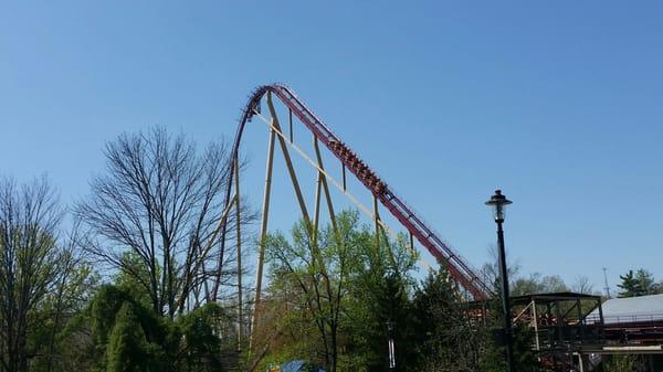 A 32-rider train climbs the 200ft lift during the daytime