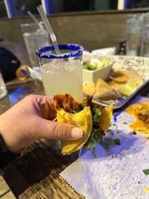 Taco Al Pastor, chips and quac and a skinny margarita! Delicious!