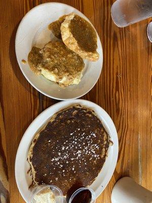 Biscuit and Sausage Gravy with a Blueberry Oatmeal Pancake