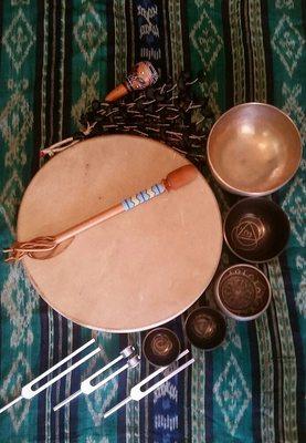 Sound Therapy tools, Tibetan singing bowls, tuning forks, traditional journey instruments, integrated with VAT frequency sound table.