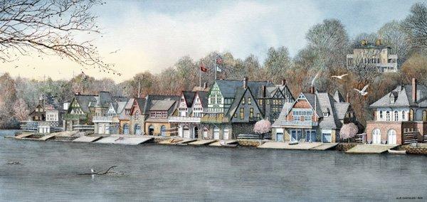 "Boat House Row 7" Watercolor painting 2013 by Nicholas Santoleri, Available as a signed and numbered limited edition print.