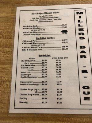 Left side of the menu. Rib dinner is currently $10.59.