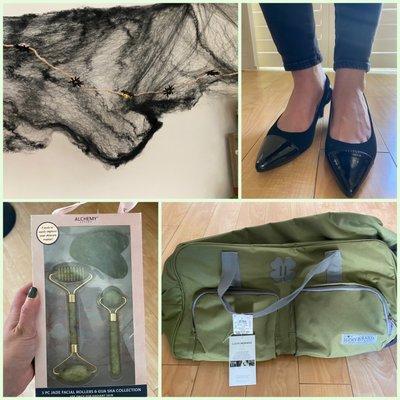 Spider string light set, black heels, gua sha facial set, and Lucky Brand duffel bag.