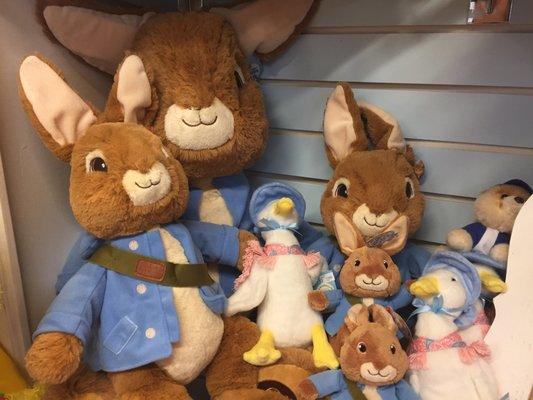 Cute Peter Rabbits and other stuffed animals for sale.