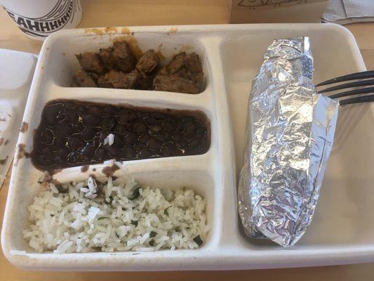 Two tacos (brisket) w/ white rice, black beans