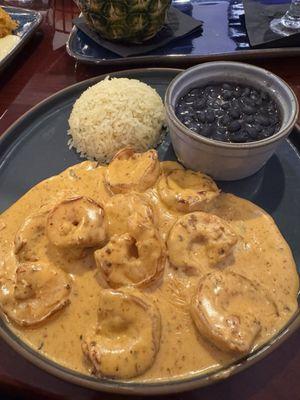 Chipotle Tequila Shrimp with rice & beans.