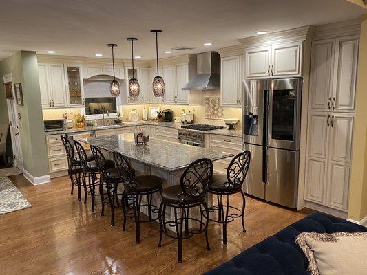 Kitchen and island ,wood floors