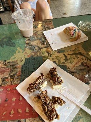 Chocolate milk, pecan bar and sprinkle kolache