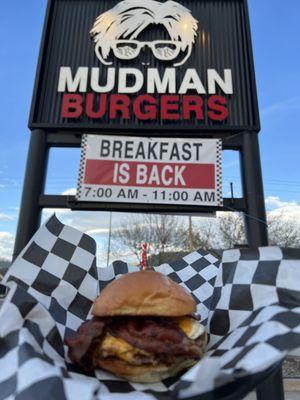 Breakfast is back...Now serving our Mudman Breakfast Sandwiches M-Sat 7am-11am. Try it with the morning mud (sausage gravy)!