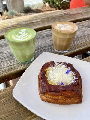 Matcha latte, latte, and squash danish