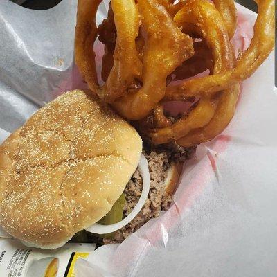 Tuesday Special Loose Meat Sandwich with a side of Hand Battered Onion Rings