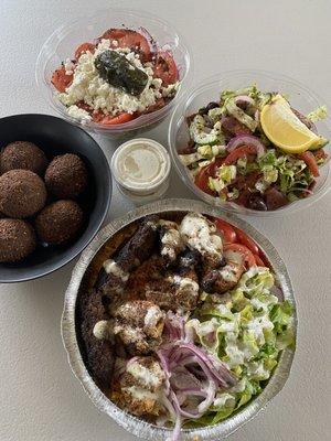 Greek salad, Fatoosh salad, mix kabab platter and falafels