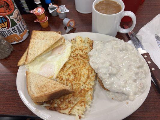 Country Fried Steak, 2 Eggs, Hashbrowns & Toast