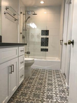 Complete bathroom remodel, new cast iron tub and custom vanity.