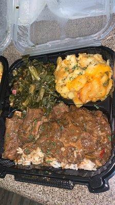 Oxtails Over a Bed of Rice, Greens, & Mac n cheese