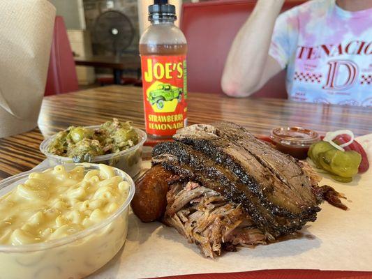 3 Meat plate/2 sides Brisket, sausage, pulled pork Mac and cheese, Brussels sprouts