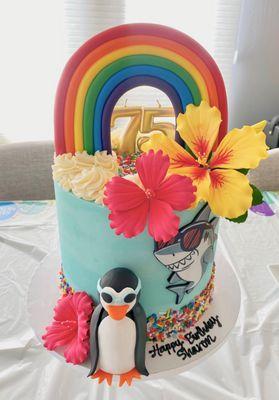 Rainbow, penguin, shark, hibiscus flower, 75th birthday cake