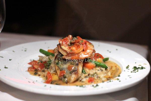 Pan Seared Barrimundi & Shrimp ($32) - wild rice blend, mixed vegetables, capers, tomato, scampi butter