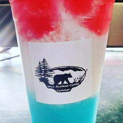 Red, white and blue Moosebull! Strawberry, coconut, blue raz and cream infused with Red Bull