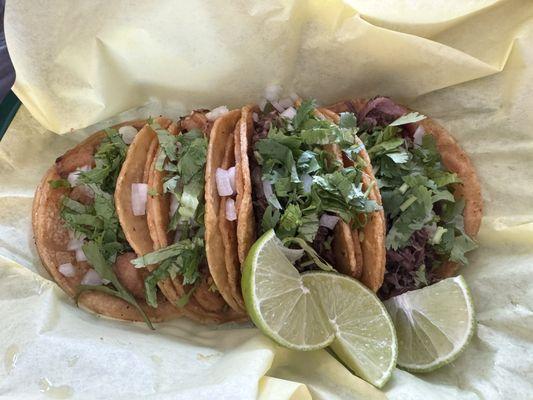 Tacos de Barbacoa, Tacos de Chicharrónes con verduras (with everything)