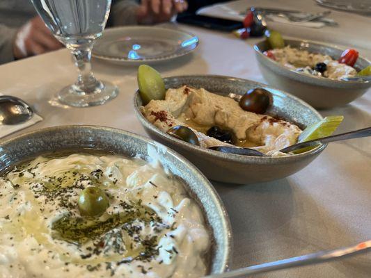 Great sides or tzatziki, hummus and babbaganoush