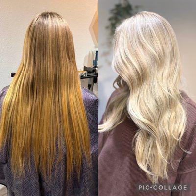 Before and after max blonding appointment. Full highlight, toner, strengthening treatment, and a cut.