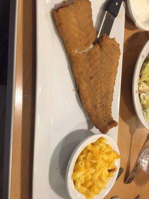 Hand breaded fish dinner. Mac 'n cheese great too