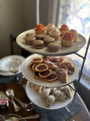 Mini cupcakes (top), apple fritters (middle), scones (bottom tier)