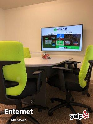 The lime green chairs in the conference rooms & web design team area look great!!