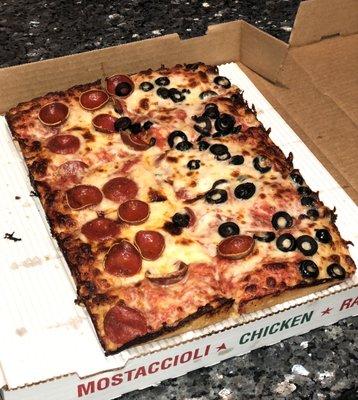 Large Square Pizza, Half Pepperoni and Half Black Olive