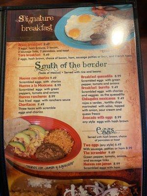 Breakfast menu